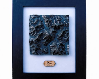 K2 Topographical Map, Framed 3D Mountain Relief, Aged Metal Finish Cold Casting