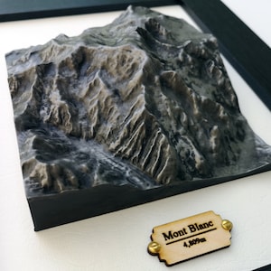 Mapa topográfico del Mont Blanc en acabado plata envejecida, mapa 3D de fundición de montaña, Francia, Alpes franceses, mapa en relieve, regalo de esquí