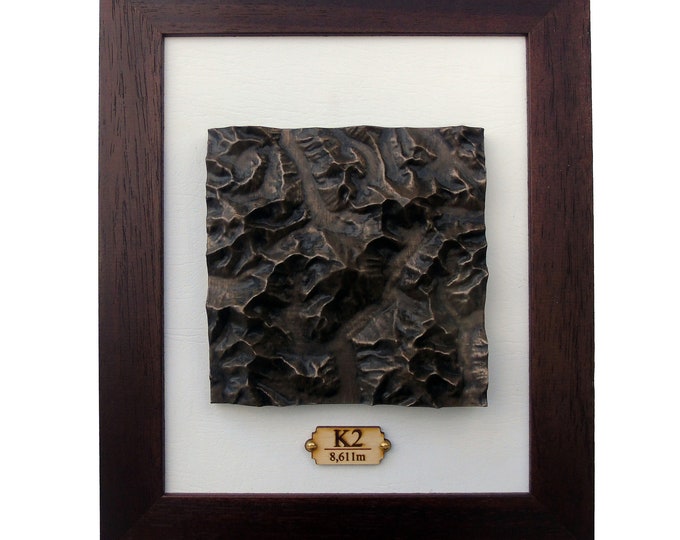 K2 Topographical framed Map in Aged Bronze Finish, Mountain Casting 3D map, Karakoram Mountains, Relief Map, Hiking Gift, Personalised