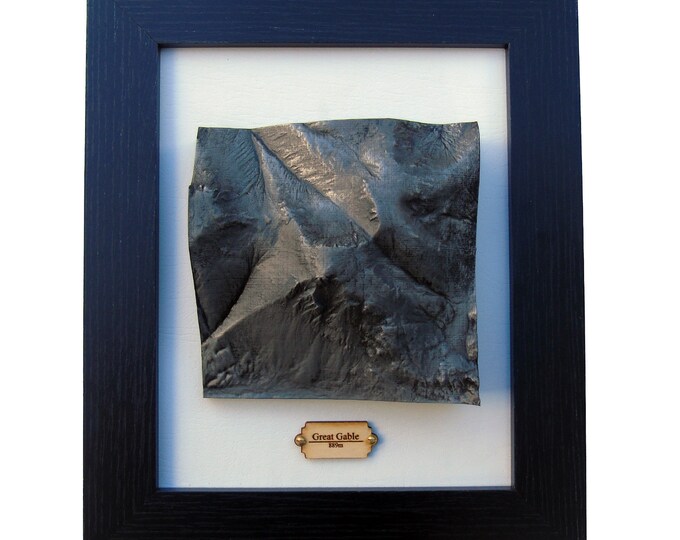 Great Gable Framed Topographical Map in an Aged Silver Finish, Mountain Casting 3D Map, Topographical Map Gift, Personalised, Wainwright