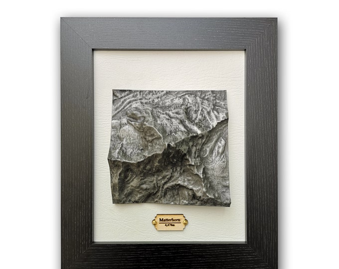 Matterhorn Framed Topographical Map in Aged Silver Finish, Mountain Casting 3D map, Switzerland, Swiss Alps, Relief Map, Hiking Gift