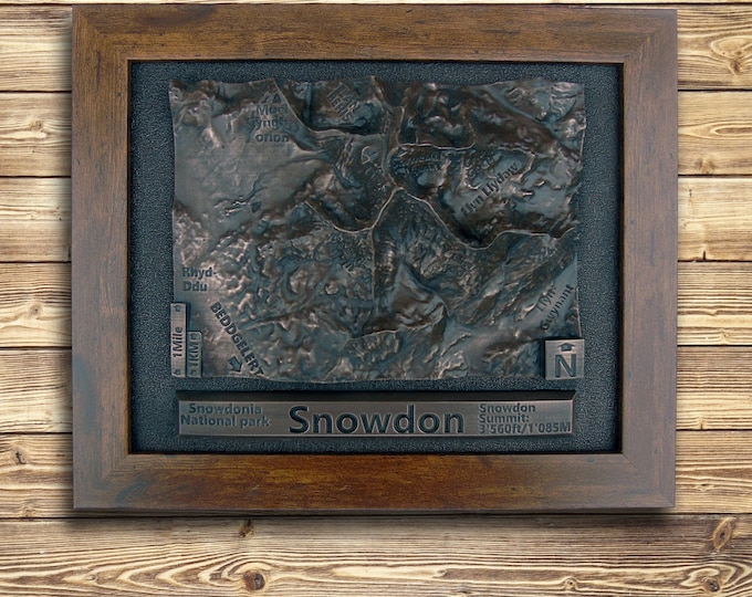 Snowdon Yr Wyddfa Copper Bronze or Silver finish relief map in 3D topographical mountain hiker or walkers personalised gift or memento