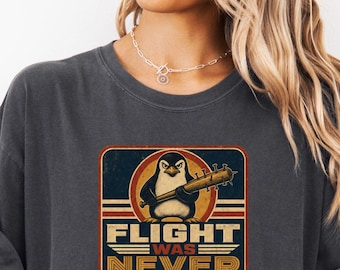 Flight Never An Option penguin graphic T-shirt | retro aviation slogan