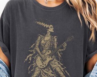 Bride of Frankenstein Playing Electric Guitar T-shirt | Gothic Rock Illustration