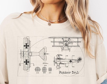 Fokker Dr.I Blueprint T-Shirt | Vintage Triplane Diagram, Aviation Sketch