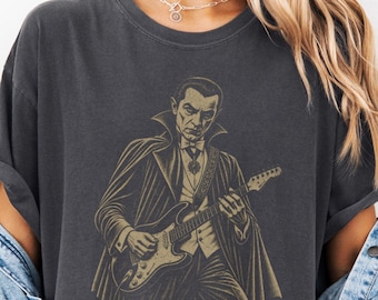 Dracula Rocker Illustration T-Shirt | Gothic Vampire Playing Electric Guitar