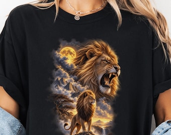 Roaring Lion Illustration T-Shirt | Sunset Wildlife Scene