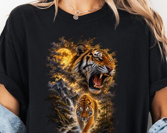 Roaring Tiger Flame illustration T-Shirt | Tiger Head and Running Cub