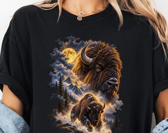 Howling Buffalo Moon bison T-Shirt | Night Forest Wildlife Illustration