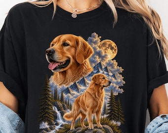Golden Retriever Portrait T-Shirt | Mountain Scene, Pine Trees, Moonlit Pawtrait
