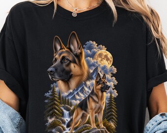 German Shepherd with Moon Forest T-Shirt | Night Wolfband Graphic