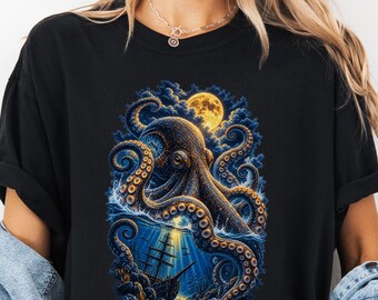 Octopus Underwater Scene T-Shirt | Moonlit Deep Sea Illustration
