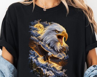 Majestic Bald Eagle Illustration T-Shirt | Moonlit Sky, Flying Raptor