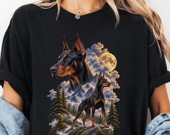 Doberman Mountain Scene T-Shirt | Doberman Silhouette, Forest & Sunset