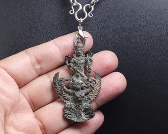Phra Na Rai Song Khrut  Brass Rare Thai Buddha Amulet Holy Protect Life Antique talisman Magic Power Nice Rope Necklace 26 inches