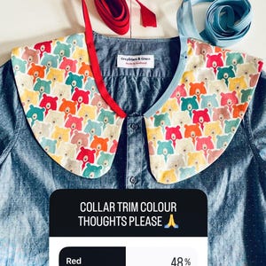 May include: A denim shirt with a colorful bear-patterned collar. The collar is paired with red and blue trim options. Text on the image reads "COLLAR TRIM COLOUR THOUGHTS PLEASE" and "Another #cairngormcollar top in the making."