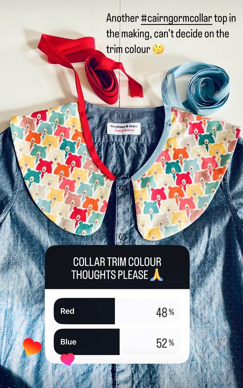 May include: A denim shirt with a colorful bear-patterned collar. The collar is paired with red and blue trim options. Text on the image reads "COLLAR TRIM COLOUR THOUGHTS PLEASE" and "Another #cairngormcollar top in the making."