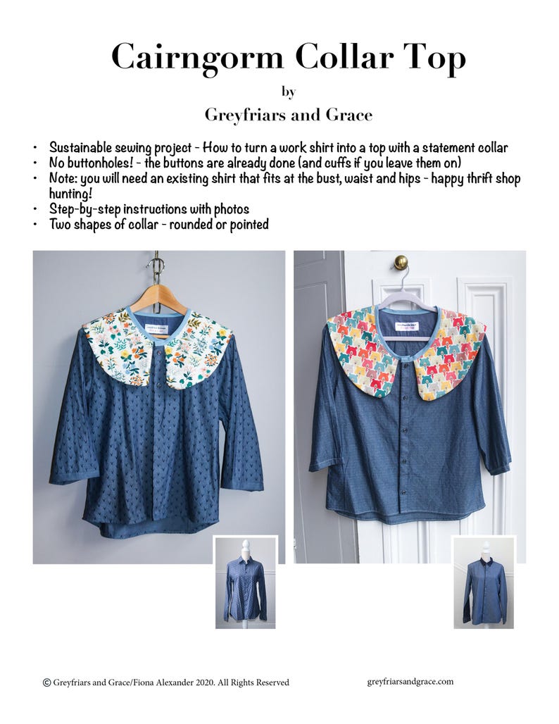 May include: A blue denim Cairngorm Collar Top by Greyfriars and Grace. The top features a statement collar with floral and colorful patterns. The image includes step-by-step instructions with photos. The text says, "Sustainable sewing project - How to turn a work shirt into a top with a statement collar."