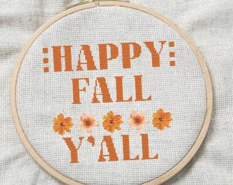 Cross Stitch Pattern Happy Fall Y'all Typography Poster, Autumn Harvest ...