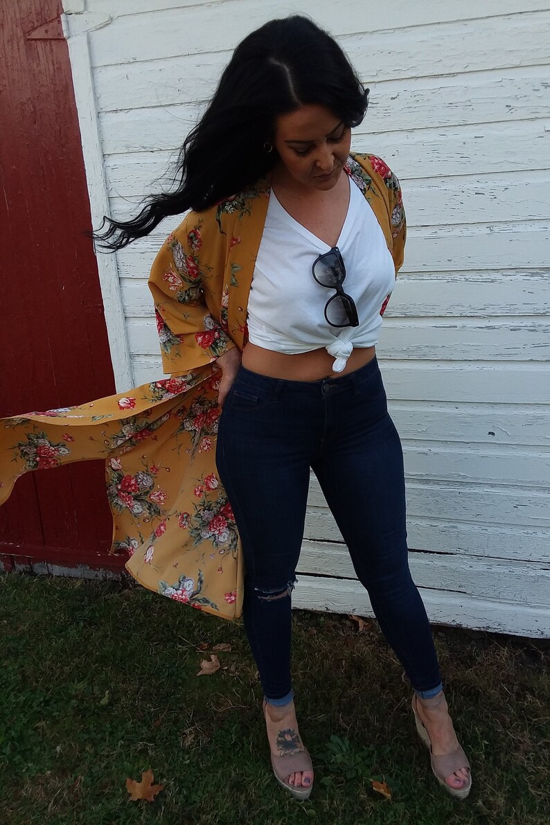 long cardigan long topper long kimono cardigan boho mustard floral yellow jacket kimono topper duster bohemian petite mustard