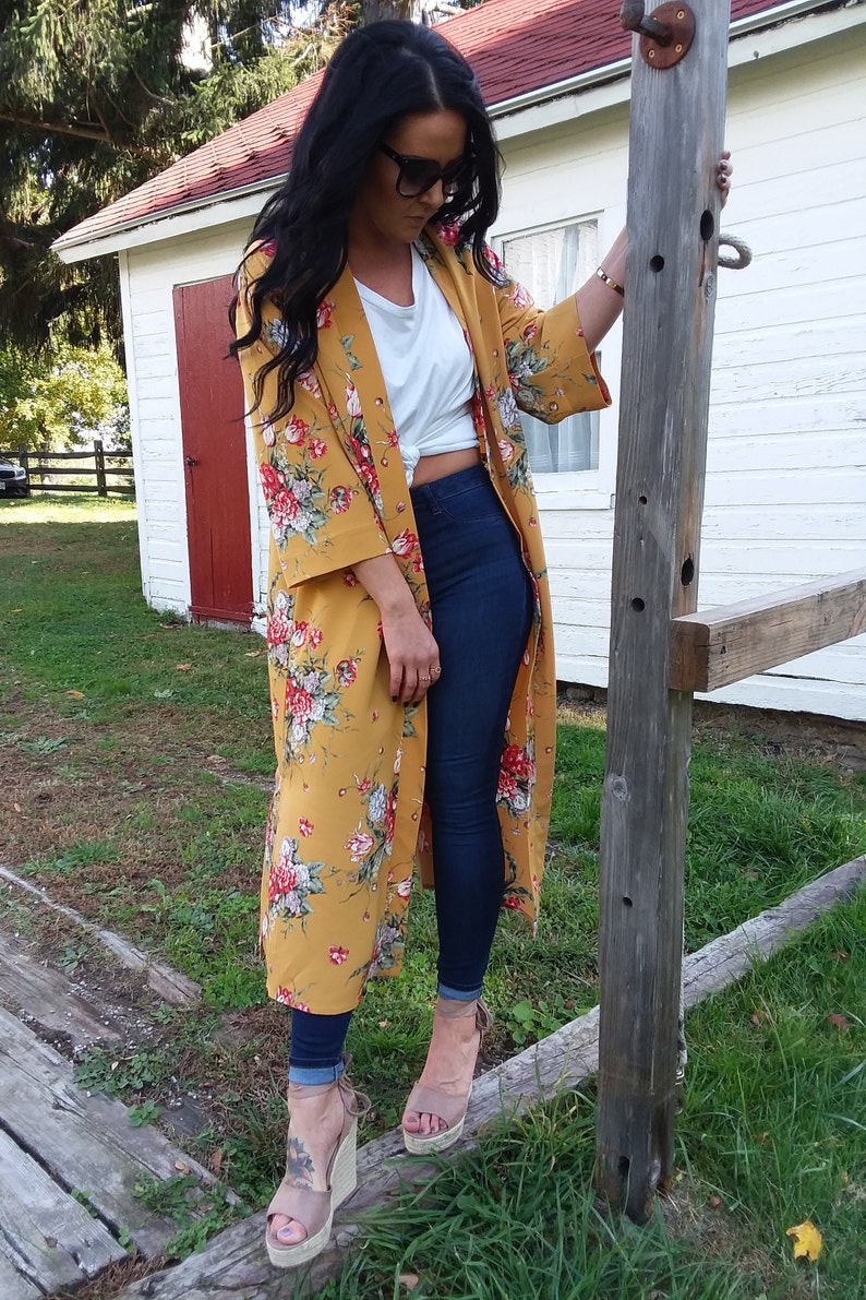 long cardigan long topper long kimono cardigan boho mustard floral yellow jacket kimono topper duster bohemian petite mustard