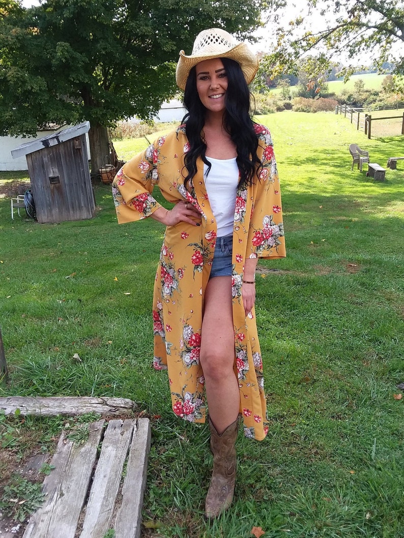 long cardigan long topper long kimono cardigan boho mustard floral yellow jacket kimono topper duster bohemian petite mustard
