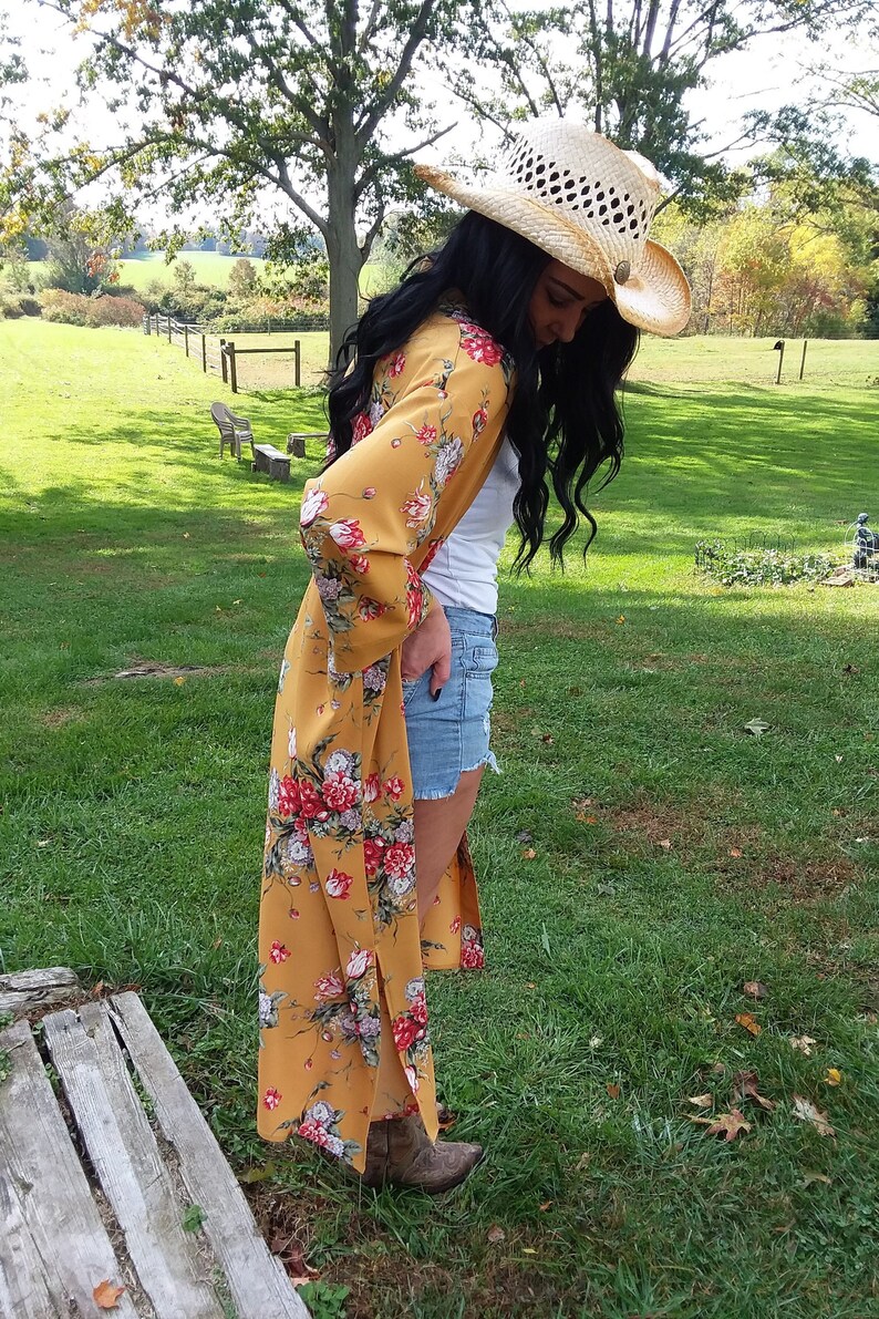 long cardigan long topper long kimono cardigan boho mustard floral yellow jacket kimono topper duster bohemian petite mustard