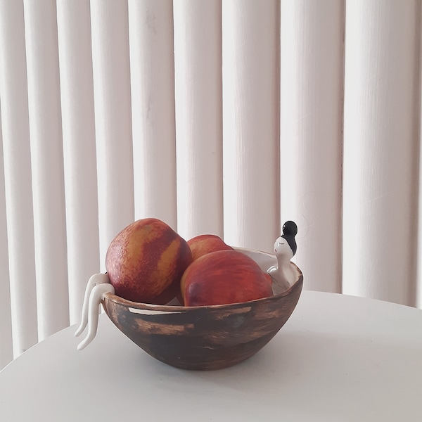 Blue small ceramic fruit bowl with woman figurine,handmade ceramic gift for her