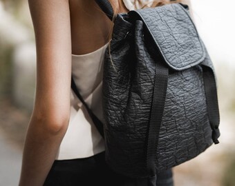 Vegan Pinatex Backpack MIA - handcrafted, black, adjustable straps