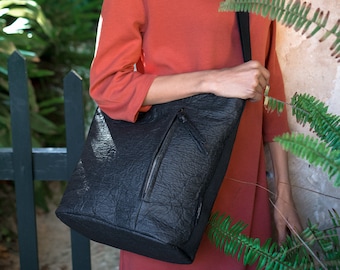 Vegan Pinatex Hobo Bag SANTANYI - everyday bag, black, handcrafted