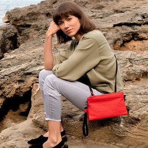 Vegan PINATEX multi bag PARIS in red. Suitable as hip bag, cross body and clutch. image 1