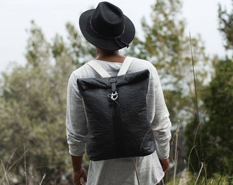 Vegan Pinatex Backpack PALMA - urban design, adjustable straps, black, handcrafted