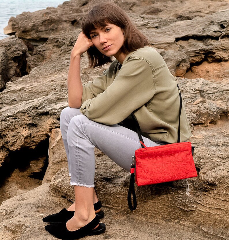 Vegan PINATEX multi bag PARIS in red. Suitable as hip bag, cross body and clutch. image 1