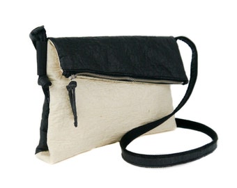 Vegan PIÑATEX fold over bag SARA in black & white, handmade and locally produced