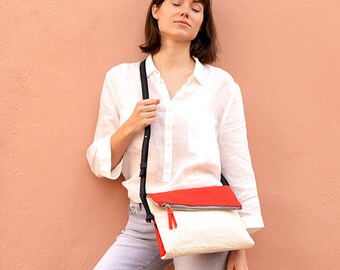 Vegan PINATEX fold over bag SARA in red & white, handmade and locally produced