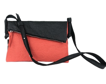 Vegan PINATEX fold over bag SARA in black & red, handmade and locally produced