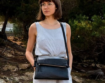 Vegan PINATEX fold over bag SARA in black, handmade and locally produced