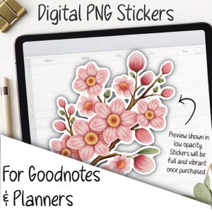 May include: Digital PNG sticker featuring a cluster of pink flowers with yellow centres on brown branches. The text reads: Digital PNG Stickers, For Goodnotes & Planners, and Preview shown in low opacity. Stickers will be full and vibrant once purchased.