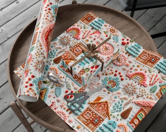 Gingerbread House Wrapping Paper, Vintage Holiday Gift Wrap, Faux Embroidered Christmas Gift Wrap, Christmas Wrapping Paper, Christmas Tree