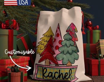 Personalisierte Weihnachten Santa Sack | Benutzerdefinierte Name Geschenktasche | Urlaub Kordelzug | Weihnachtsbaum Design | Wiederverwendbare Geschenktasche