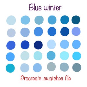 Könnte beinhalten: Eine Anordnung von 30 blauen Farbfeldern auf weißem Hintergrund. Die Farbpalette umfasst verschiedene Blautöne, von hellem Himmelblau bis zu tiefem Marineblau. Der Text "Blue winter" und "Procreate .swatches file" sind im Bild geschrieben.