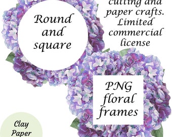 Purple hydrangeas watercolor digital frame set for clipart and paper crafts. Png file with transparent background and center square for text