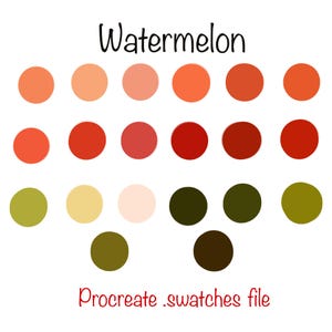 May include: A digital file with a watermelon color palette. The palette includes various shades of red, orange, pink, and green in circular swatches. The text "Watermelon" and "Procreate .swatches file" are also present.