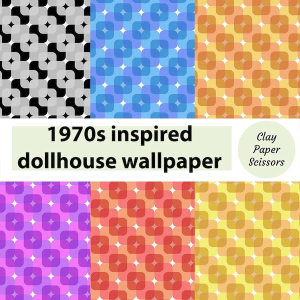 Retro 1970s inspired design printable paper for dollhouse wallpaper or junk journals. 8.5"x11"  jpg file  repeating pattern