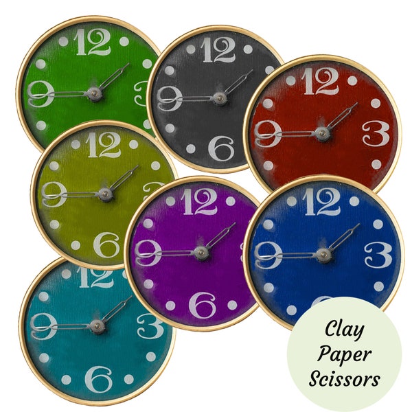 Stock photos of retro clocks in 7 colors. Clip art digital download for collage, magnets, or stickers.  Print and cut Jpg  and Png clipart