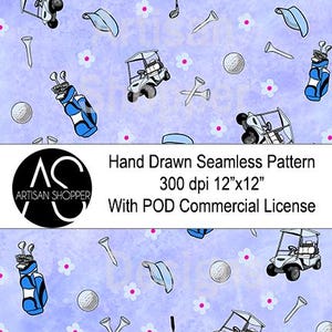 ブルーガールゴルフシームレスパターン手描きデジタルペーパー300 DPIビニール生地印刷可能ファイルダウンロードPOD商用利用