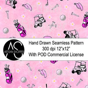 Pink Girl Golf Muster handgezeichnete digitales Papier 300 DPI Vinyl Stoff druckbare Datei Download POD kommerzielle Nutzung