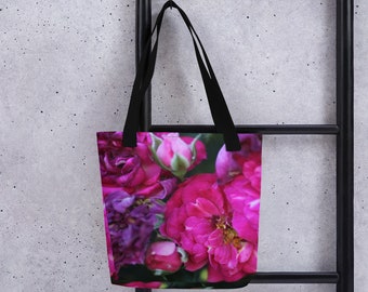 Pretty flowers tote bag, 15x15 inches foldaway tote with colorful magenta roses. Good quality and sized well for books, groceries, crafts.