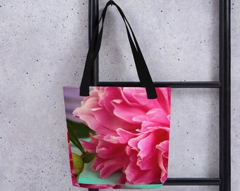 Floral reusable grocery shopping tote, 15x15 inches foldable, with vibrant pink peony. Good quality, sized well for books, craft tote bag