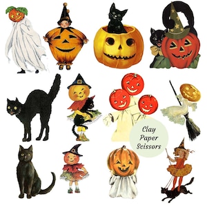 Cute Halloween clipart, Vintage postcard clip art instant download royalty free PNG files for collage, magnets, stickers.